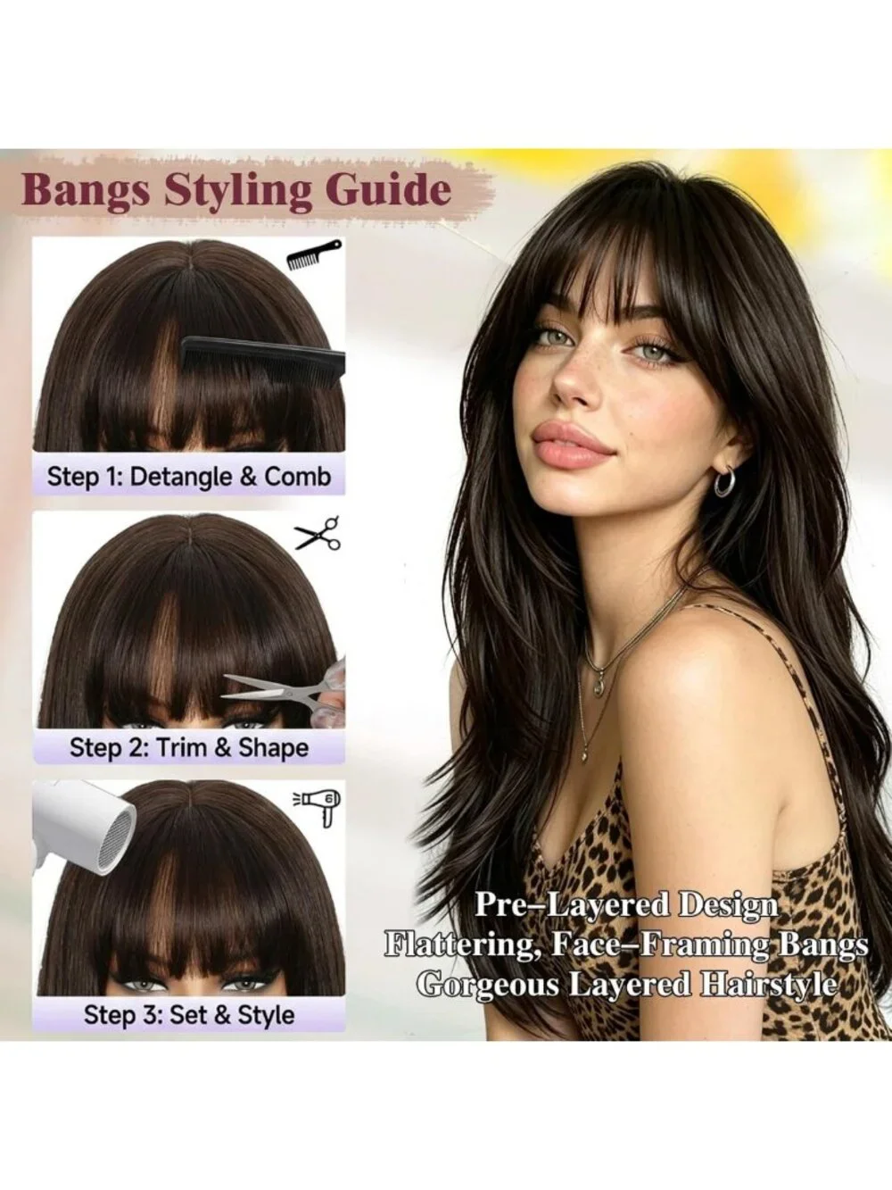 Layered Brown Highlight Wig with Bangs, 26